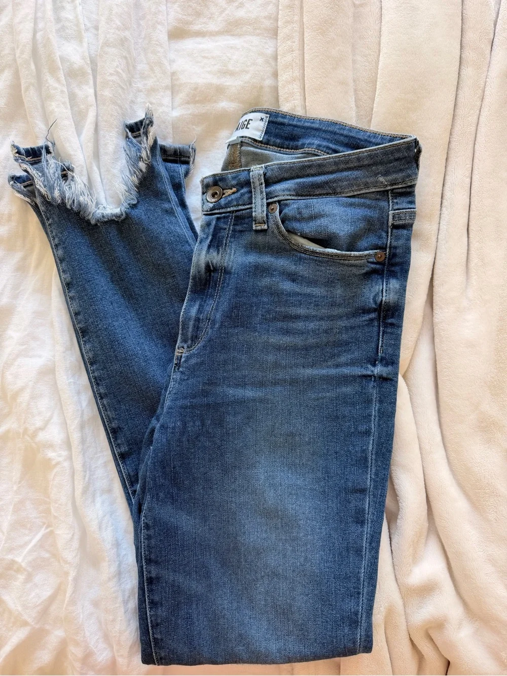 PAIGE Dark Blue Skinny Jeans with Raw Hem - Picture 6 of 9